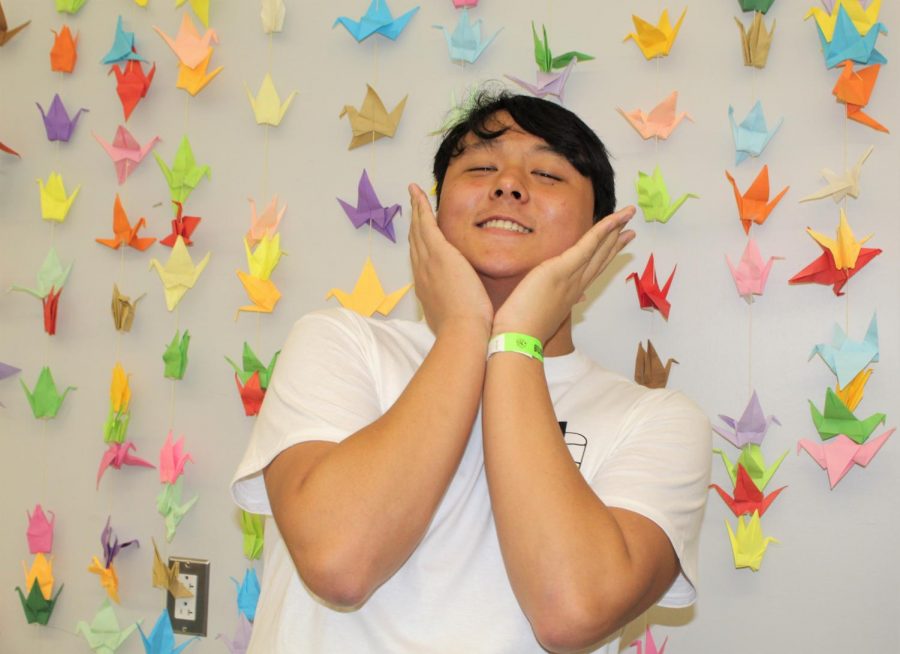 President Dennis Zhang being kawaii in front of a bunch of cranes. The Asian Club Executive Board folded the rainbow cranes for people to use as a backdrop for pictures.