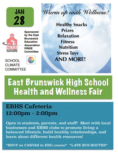 Come celebrate the end of midterms at the Health and Wellness Fair! Tuesday, January 28th directly after school from 12:00pm - 2:00pm. Late Bus Routes at 1:30pm
CLICK HERE to complete the Wellness Fair Attendance Form!
Free Food!  Raffles!  Stress Gadget Give Aways! And more! 