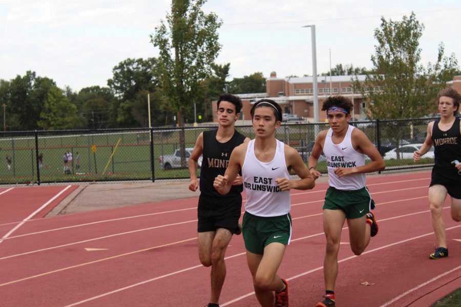 Captains Matthew Gonzalez, 12, and Matthew Tiongko, 12, lead the team as they race through the EBHS course. This meet, on October 1 against Monroe, was the seasons first.