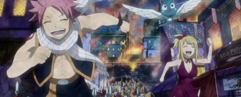 This image from the first episode shows protagonists Lucy Heartfilia and Natsu Dragneel, accompanied by the flying and talking cat, Happy, as they run away from the national army due to the property damage they caused. 