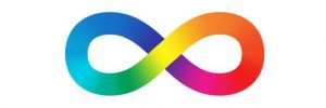 An infinity symbol colored with a rainbow gradient.