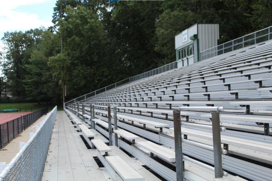 The bleachers at Jay Doyle Field remain barren in the aftermath of recent summer rainstorms. 