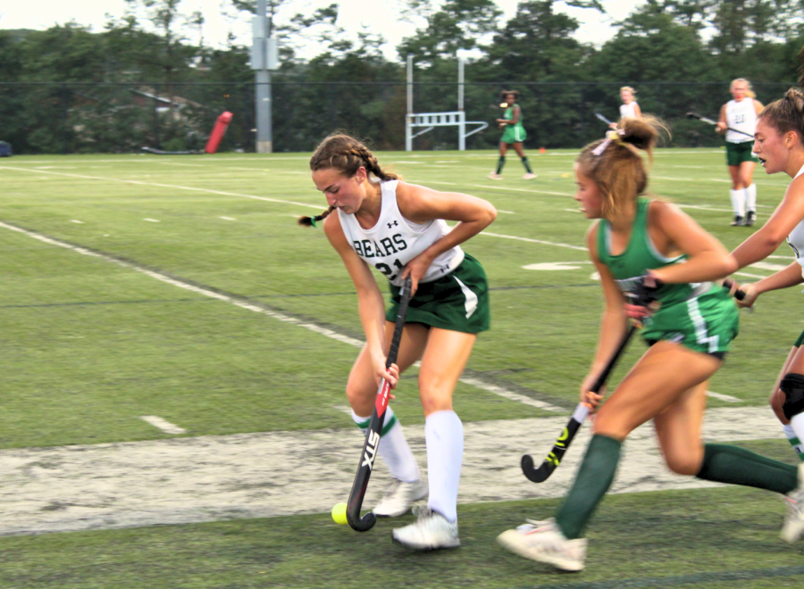 Junior Anna Sawicki plays right midfield during field hockeys big game against South Plainfield